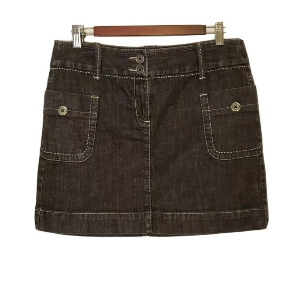 Ann Taylor Loft Black Denim Skirt Size 8 Mini Stretch Pockets Buttons Stitching